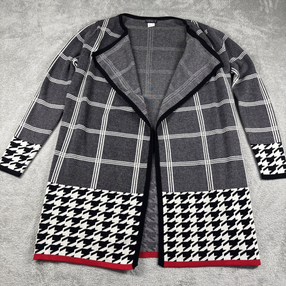 Venus B/W Plaid Houndstooth Open Front Cardigan Urban Chic Contemporary Sz M